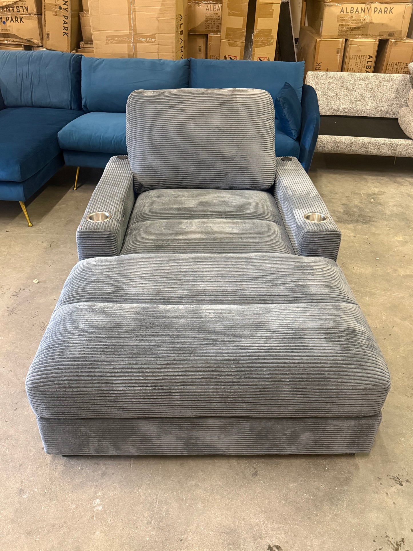 *Free Delivery* Retailer Return, Like-New Liquidation - Cordurroy Chaise Chair w USB RECLINES