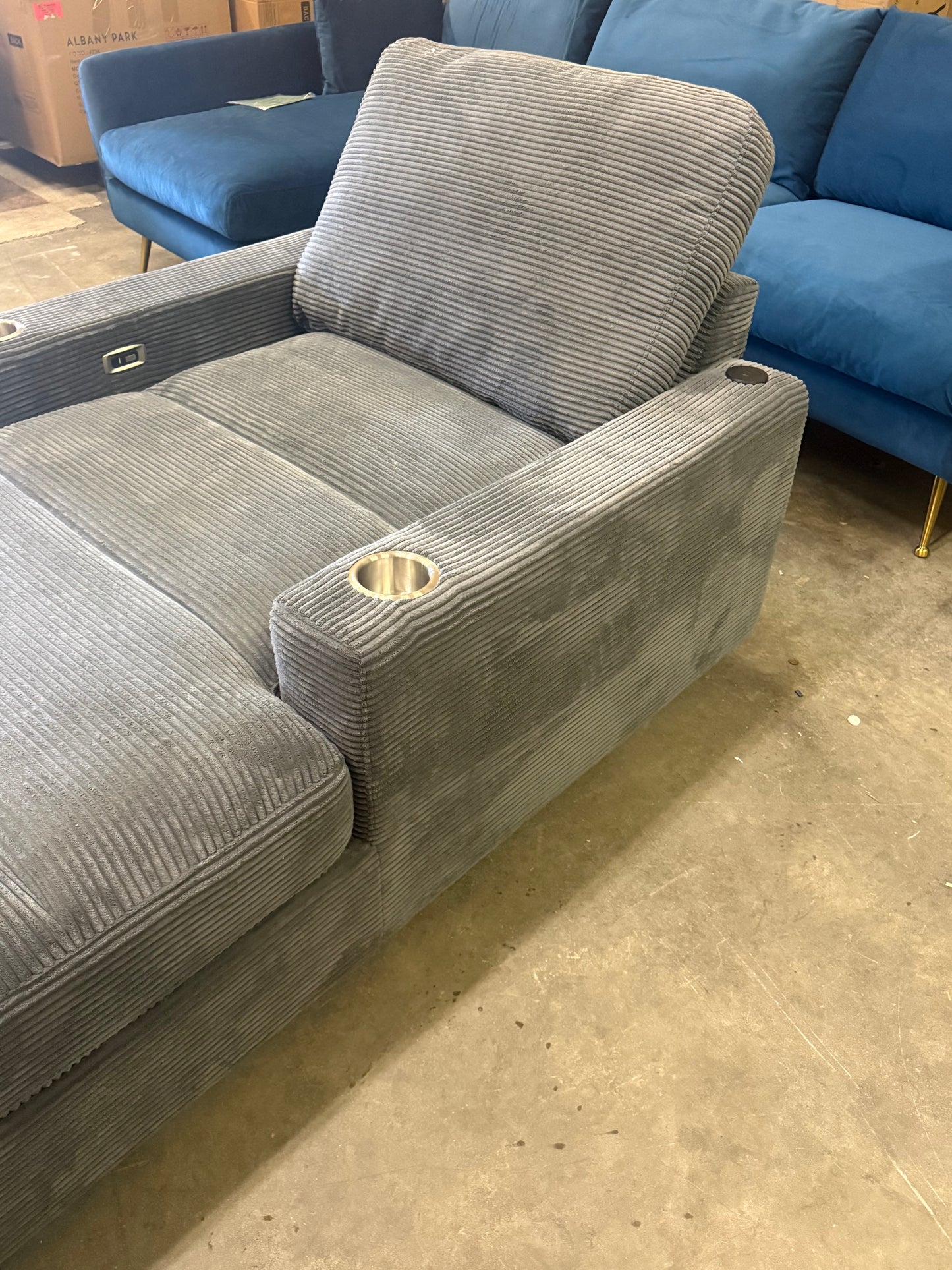 *Free Delivery* Retailer Return, Like-New Liquidation - Cordurroy Chaise Chair w USB RECLINES